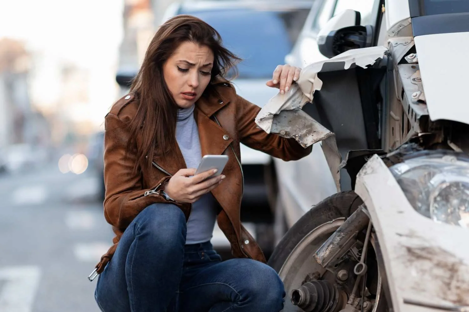 Driver crouched beside a damaged car bumper checking her phone after a collision